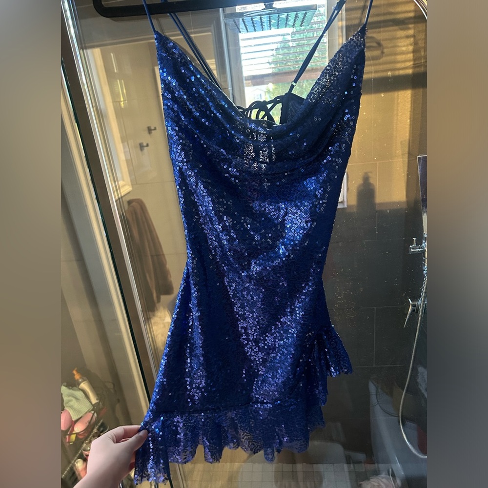 Lucy in the Sky homecoming dress: Kailani Sequin Cowl Neck Dress in Blue